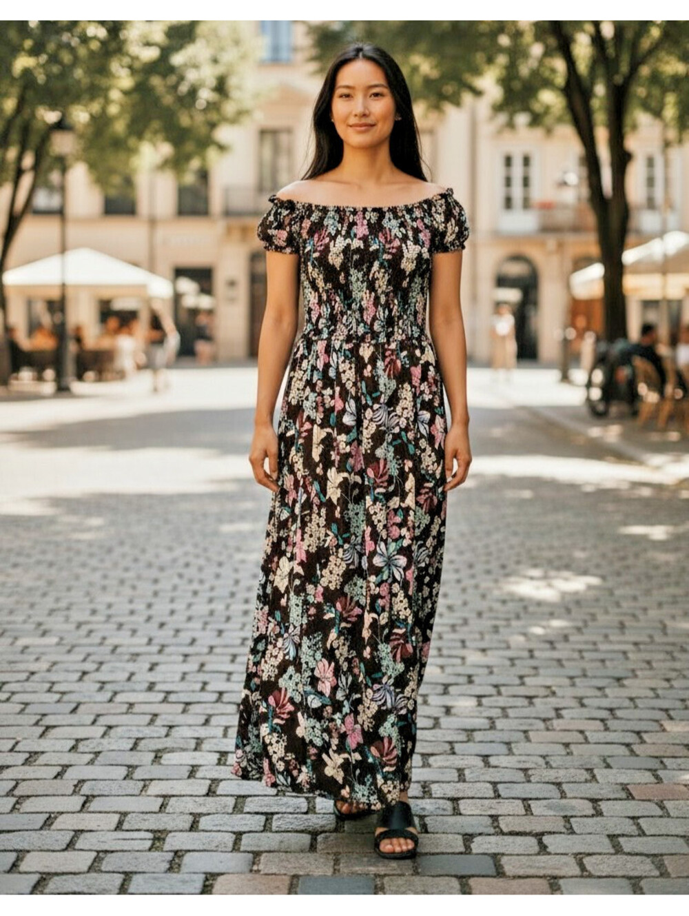 Floral Maxi Dress by Bluenotes, Sz M Gathered Bodice Cap Sleeves, Fun or Formal